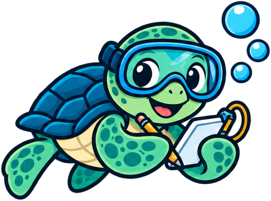 Cartoon sea turtle in a dive mask writing on a dive slate